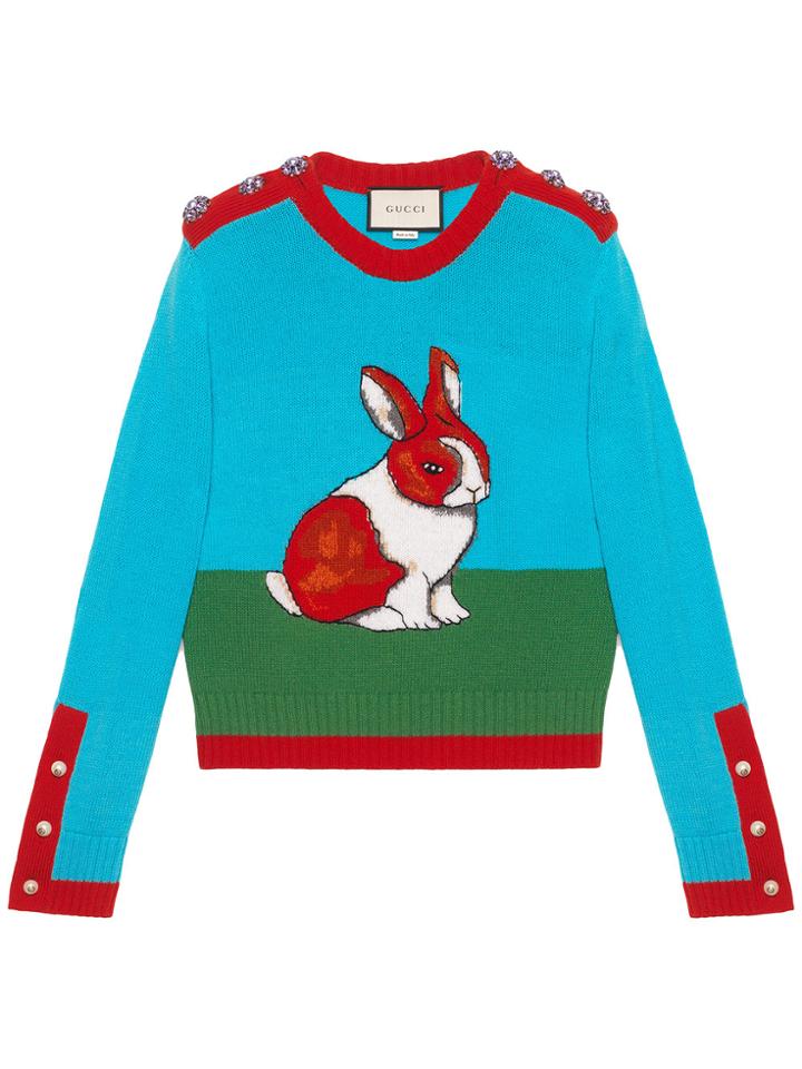 Gucci Rabbit Intarsia Wool Knit Top - Blue