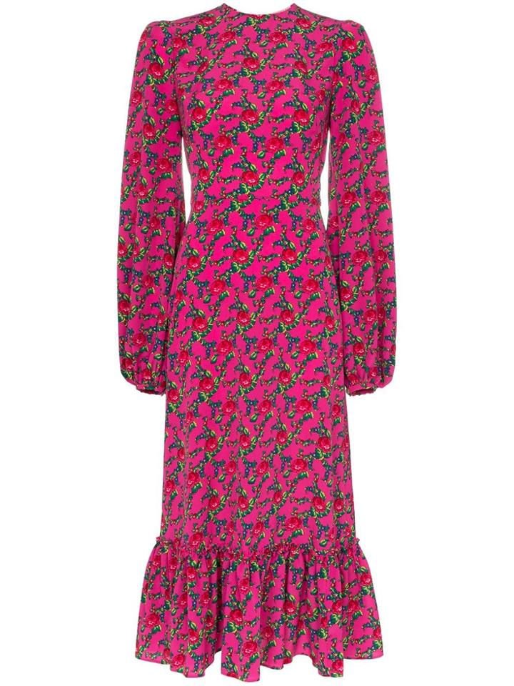 The Vampire's Wife Belle Blouson Sleeve Floral Print Midi Dress - Pink