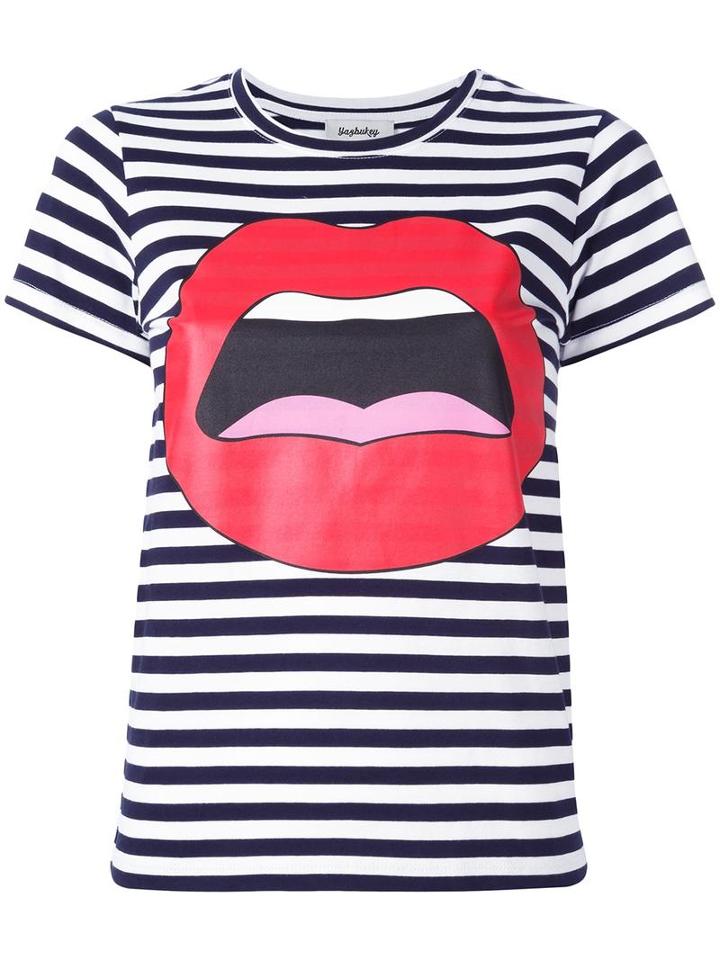 Yazbukey Mouth Print Striped T-shirt, Size: Medium, Blue, Cotton