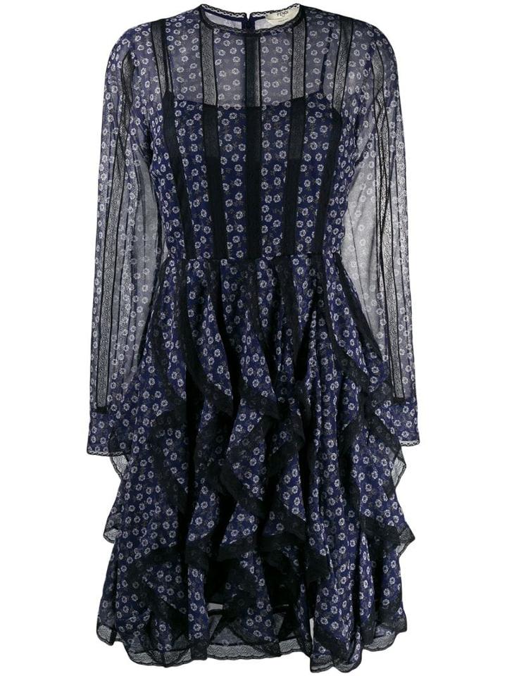 Fendi Floral Panelled Ruffle Dress - Blue
