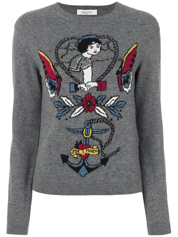 Valentino - Tattoo Intarsia Jumper - Women - Virgin Wool/cashmere/cotton - Xs, Grey, Virgin Wool/cashmere/cotton