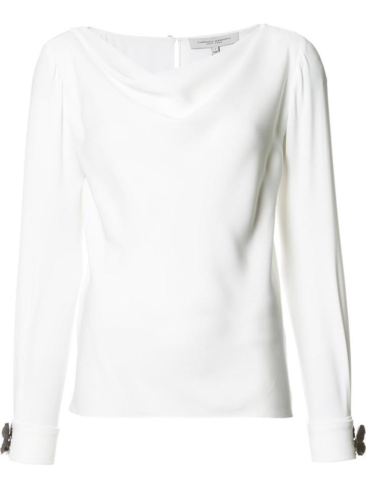 Carolina Herrera Flower Cuff Boatneck Blouse, Women's, Size: 12, White, Silk