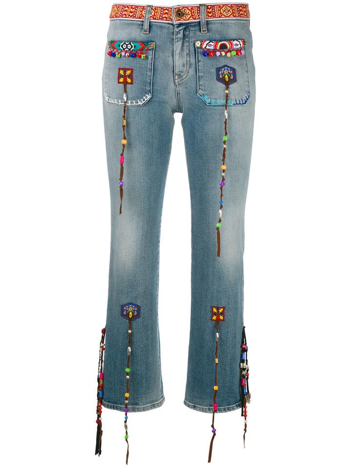 Roberto Cavalli Beaded Fringes Cropped Jeans, Women's, Size: 42, Blue, Cotton/spandex/elastane