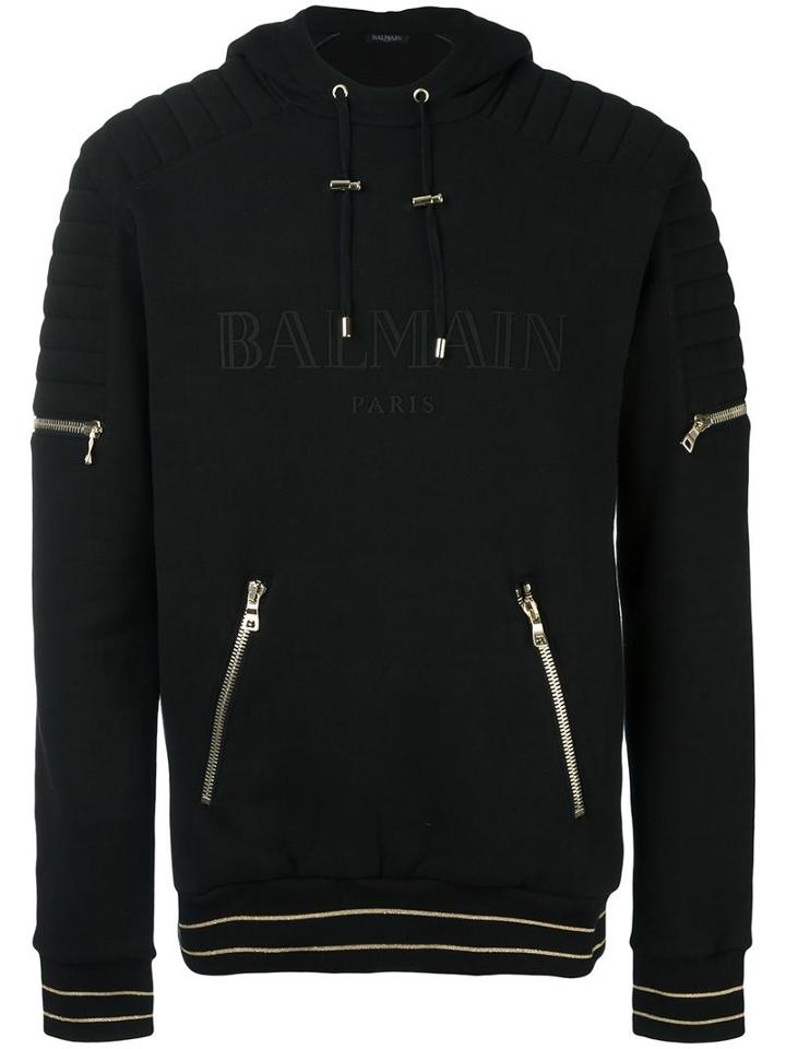 Balmain Logo Biker Hoodie, Men's, Size: Medium, Black, Cotton/polyester