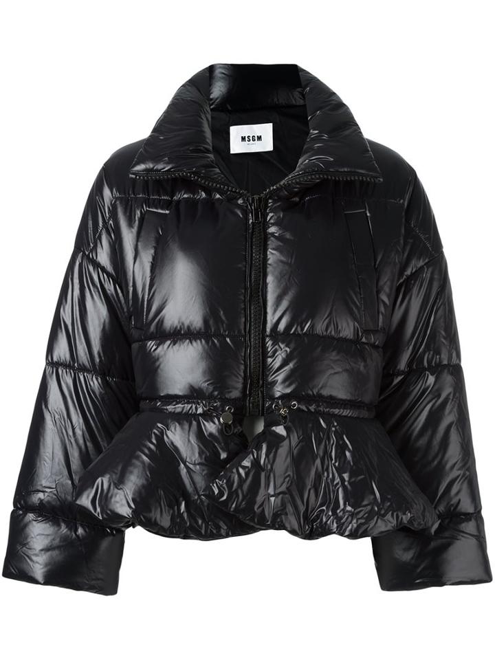 Msgm Quilted Ruffle Hem Puffer Jacket, Women's, Size: 44, Black, Polyamide