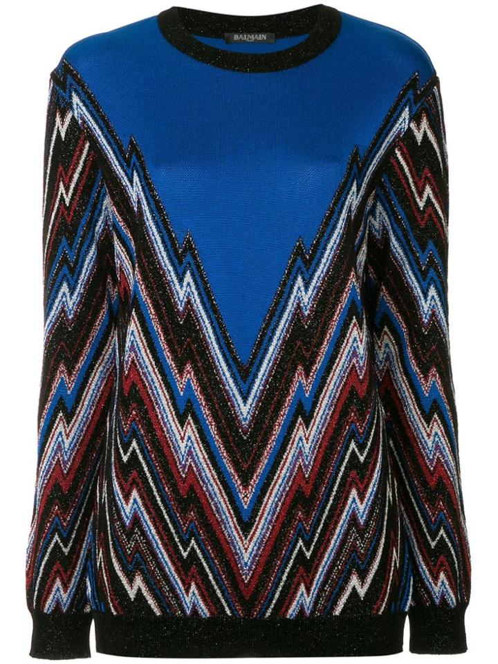 Balmain Zig Zag Intarsia Jumper - Blue