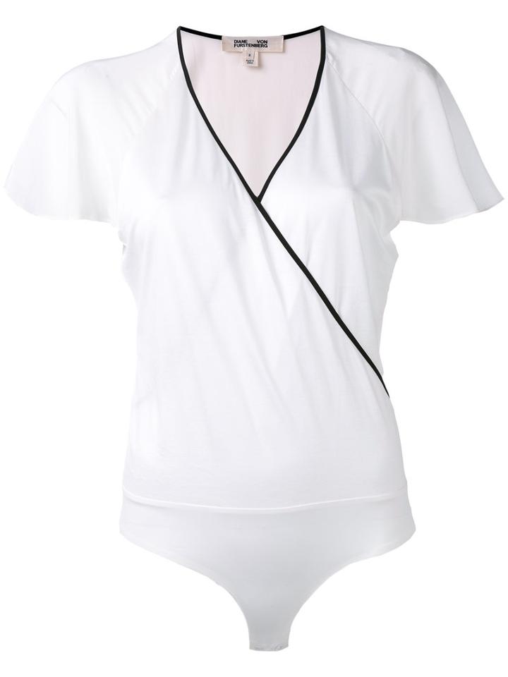 Diane Von Furstenberg Contrast Trim Wrap Top, Women's, Size: Large, White, Cotton/lyocell/silk/spandex/elastane