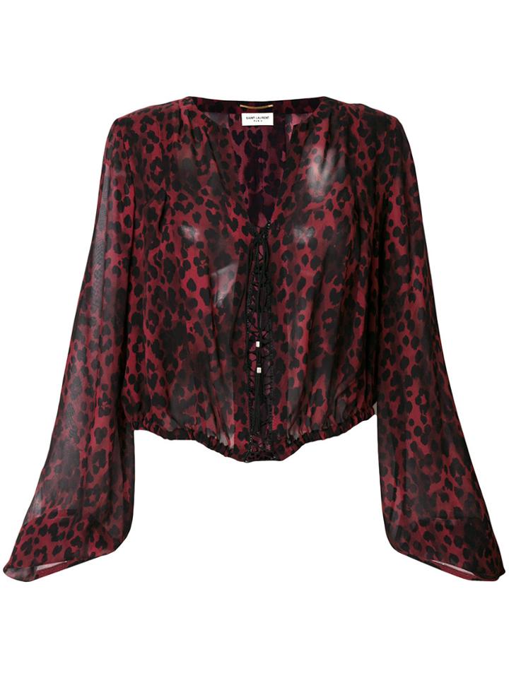 Saint Laurent Leopard Print Lace Front Blouse - Black