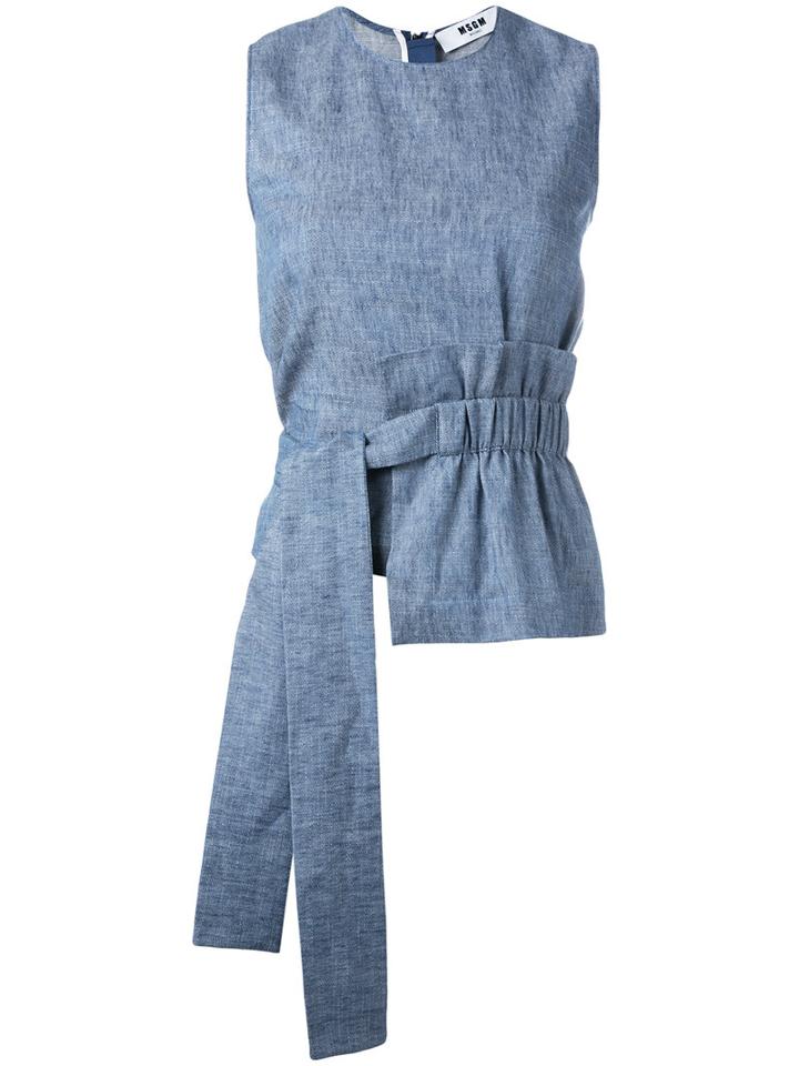 Msgm Pleat Detail Belted Sleeveless Blouse, Women's, Size: 40, Blue, Cotton/linen/flax