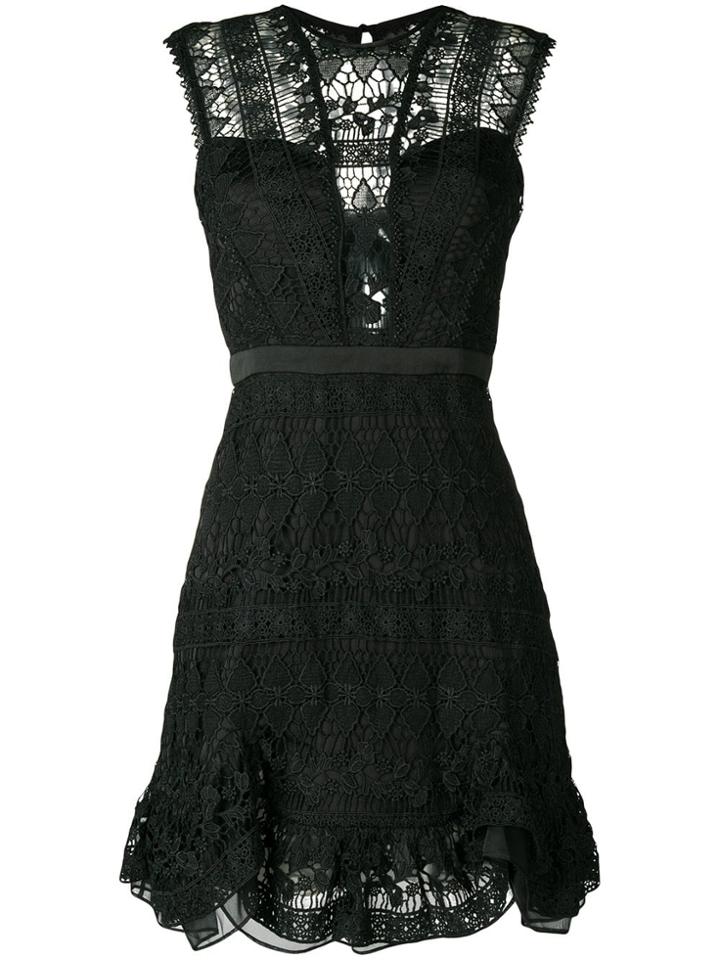 Three Floor Lace Embroidered Sleeveless Dress - Black