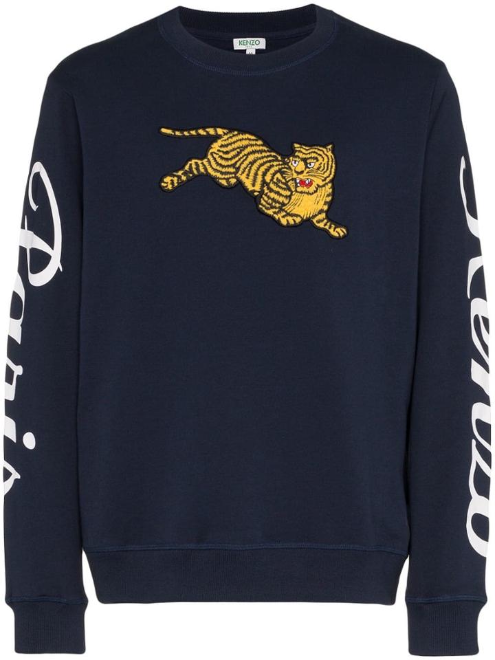 Kenzo Jumping Tiger Embroidered Logo Print Cotton Sweatshirt - Blue