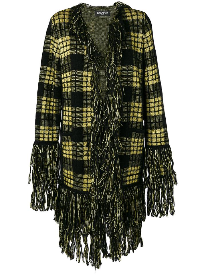 Balmain Checked Fringe Cardi-coat - Black
