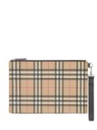 Burberry Vintage Check E-canvas And Leather Zip Pouch - Brown