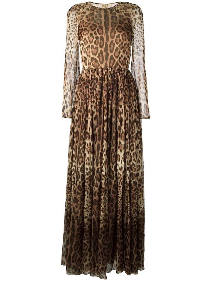 Dolce & Gabbana Leopard Print Long Dress, Women's, Size: 40, Brown, Silk/cotton/polyamide