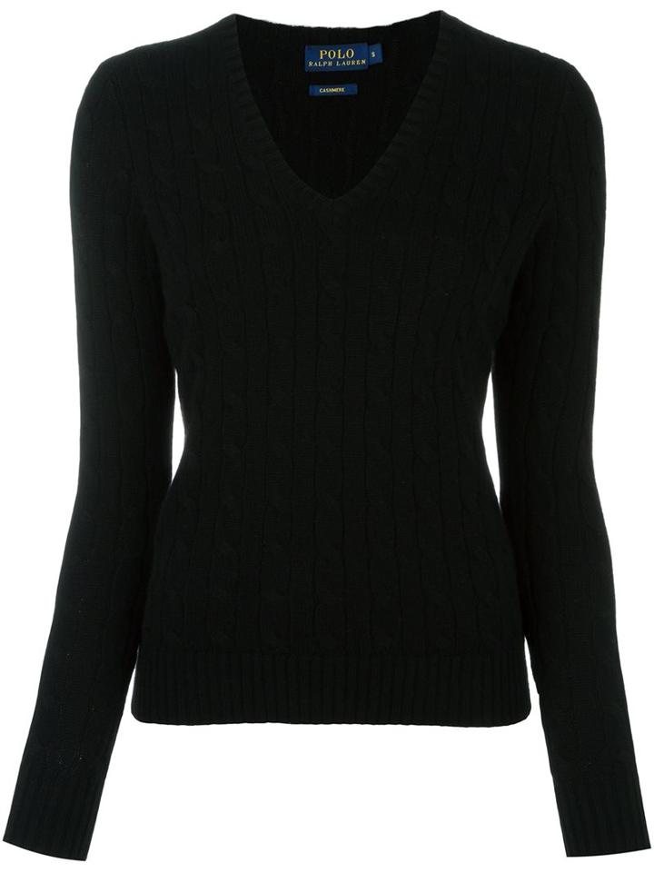 Polo Ralph Lauren Cable Knit V Neck Jumper, Women's, Size: Xl, Black, Cashmere