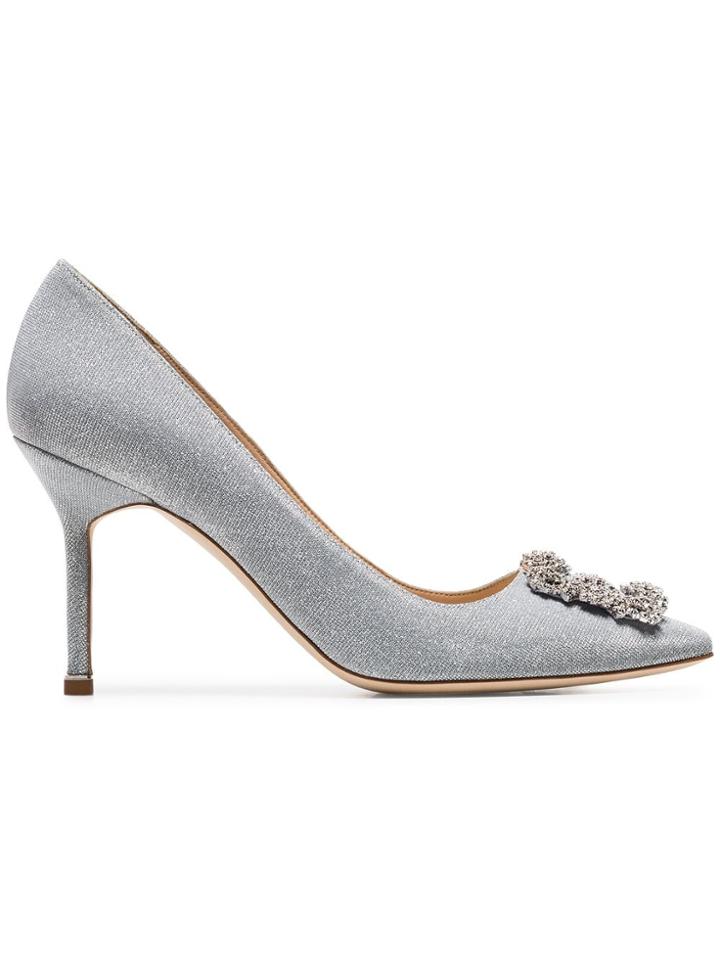 Manolo Blahnik Metallic Silver Hangisi 90 Glitter Pumps