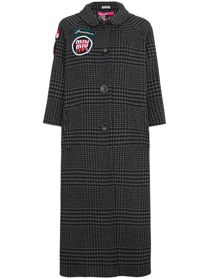 Miu Miu Checked Coat With Embroidered Patches - Grey