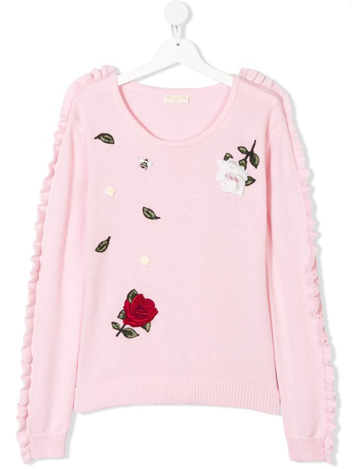 Monnalisa Chic Embroidered Rose Jumper - Pink & Purple