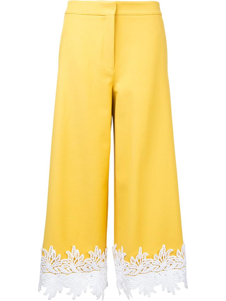 Sara Battaglia - Lace Hem Cropped Trousers - Women - Cotton/polyamide/spandex/elastane - 46, Yellow/orange, Cotton/polyamide/spandex/elastane