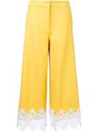 Sara Battaglia - Lace Hem Cropped Trousers - Women - Cotton/polyamide/spandex/elastane - 46, Yellow/orange, Cotton/polyamide/spandex/elastane