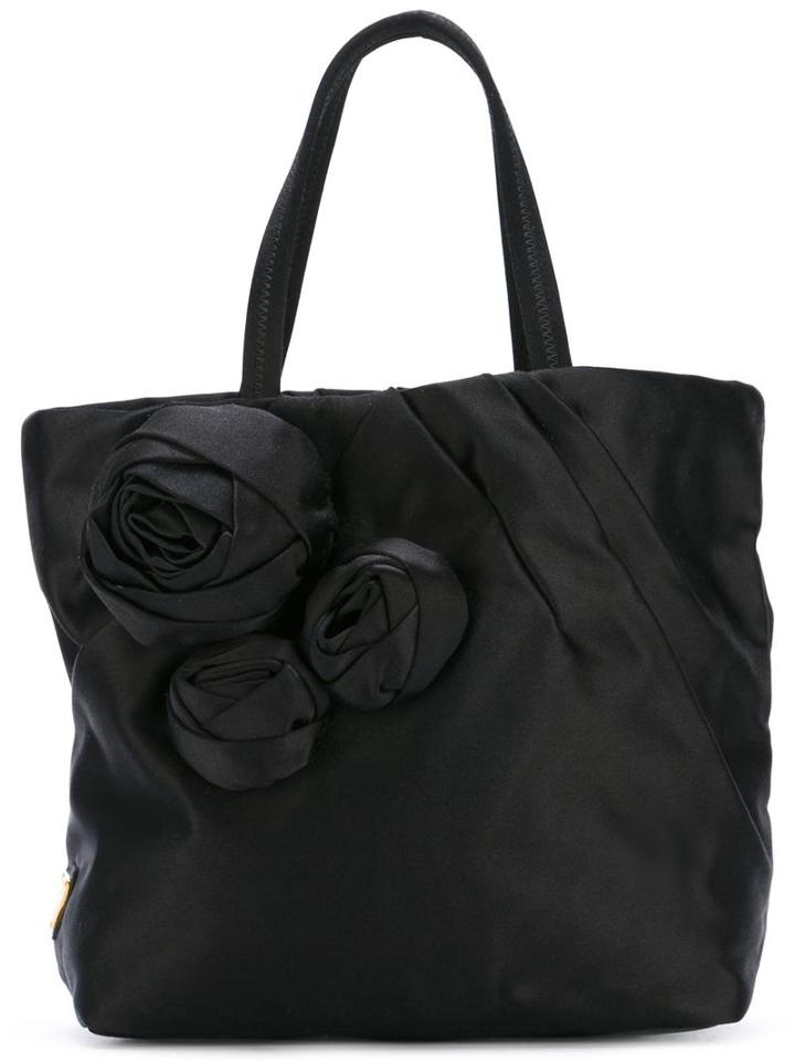 Prada Vintage Flower Appliqué Tote, Women's, Black