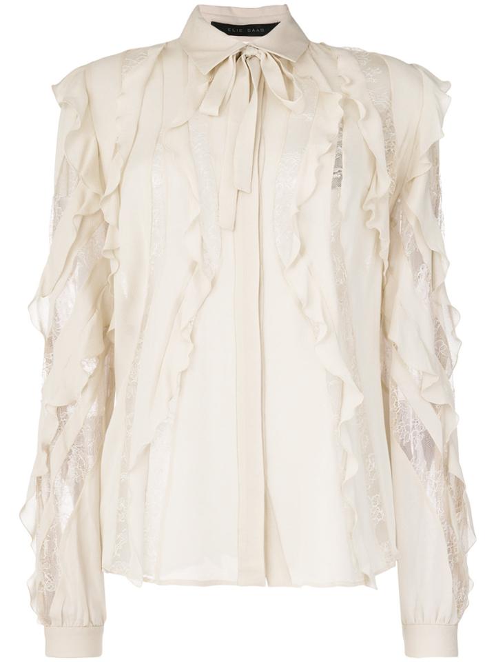 Elie Saab Sheer Stripes Frilled Blouse - Nude & Neutrals