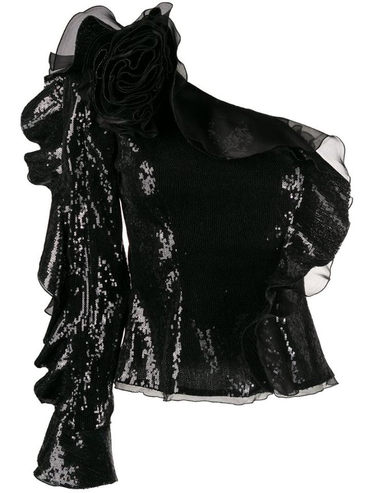 Dundas One Shoulder Ruffled Top - Black