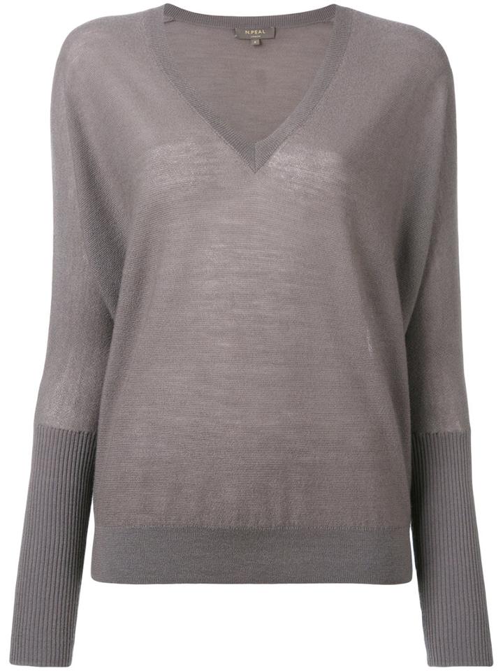 N.peal Ribbed Sleeve V-neck Top, Women's, Size: Large, Grey, Cashmere/silk