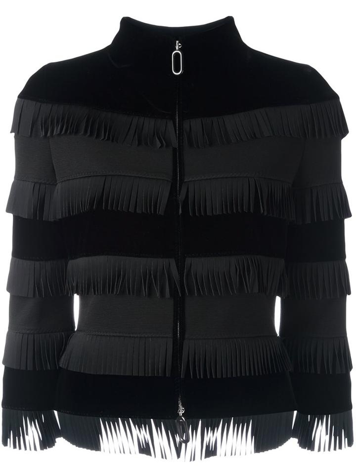 Giorgio Armani Fringed Velured Cropped Jacket, Women's, Size: 42, Black, Viscose/cupro/spandex/elastane/silk