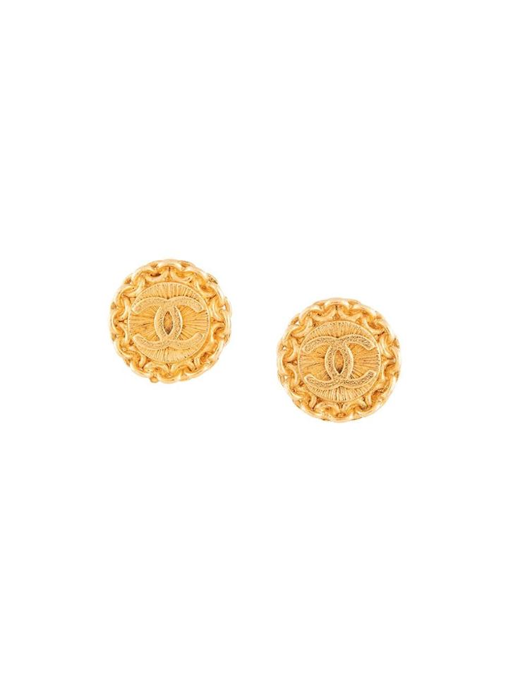 Chanel Vintage Mini Round Edge Chain Cc Earrings - Gold