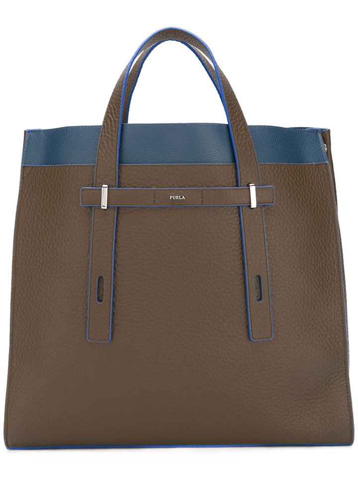 Furla Contrast Detail Structured Tote, Men's, Brown, Leather
