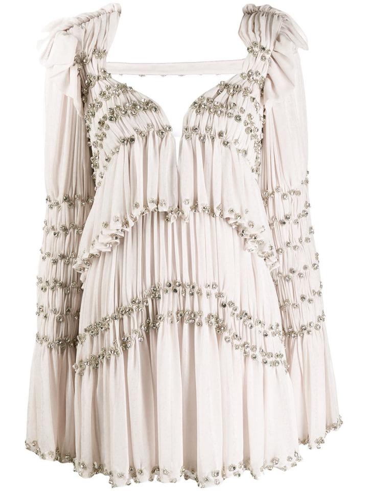 Raisavanessa Embroidered Pleated Mini Dress - Neutrals
