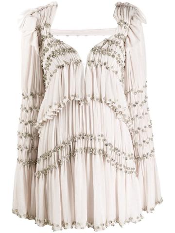 Raisavanessa Embroidered Pleated Mini Dress - Neutrals