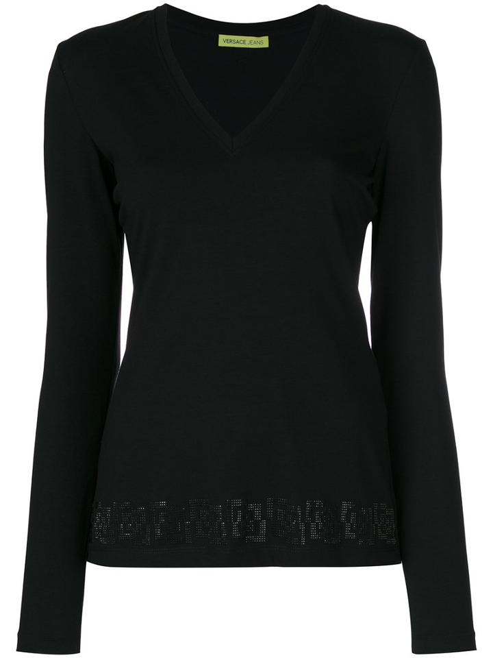 Versace Jeans - Strass Detail V-neck Top - Women - Cotton/spandex/elastane - 40, Black, Cotton/spandex/elastane