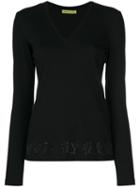 Versace Jeans - Strass Detail V-neck Top - Women - Cotton/spandex/elastane - 40, Black, Cotton/spandex/elastane