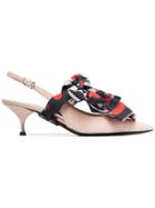 Prada Cream, Black And Red Bow Front 55 Patent Leather Slingback Pumps