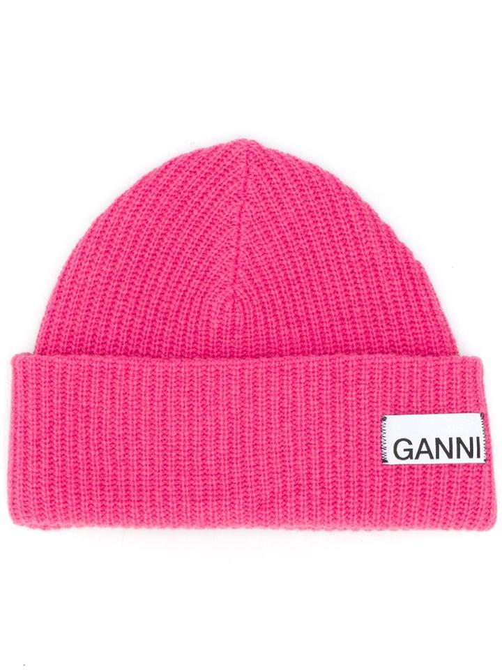 Ganni Logo Ribbed Beanie - Pink