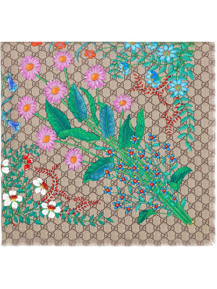 Gucci New Flora Print Gg Silk Scarf - Nude & Neutrals
