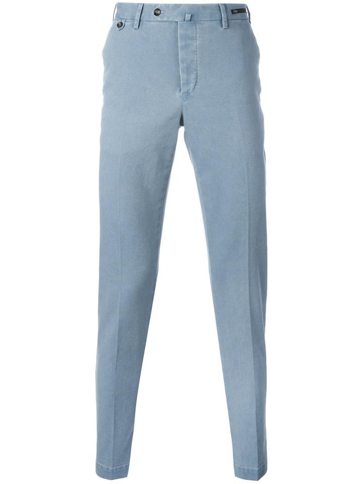 Pt01 Off Centre Button Chinos, Men's, Size: 48, Blue, Cotton/spandex/elastane