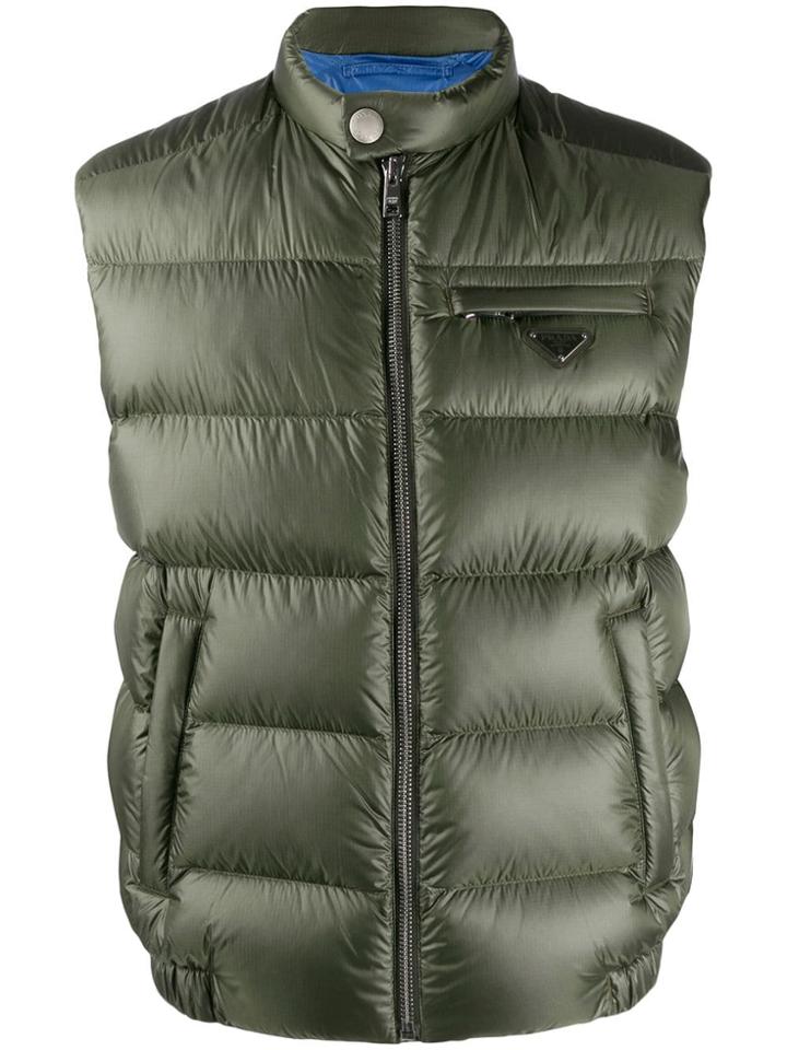 Prada Sleeveless Contrasting Feather Down Lined Vest - Green