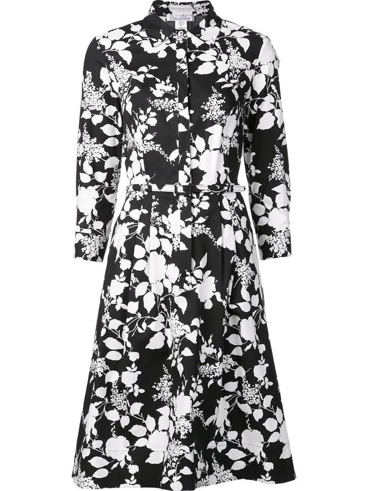 Oscar De La Renta Floral Print Belted Dress, Women's, Size: 2, Black, Cotton/spandex/elastane
