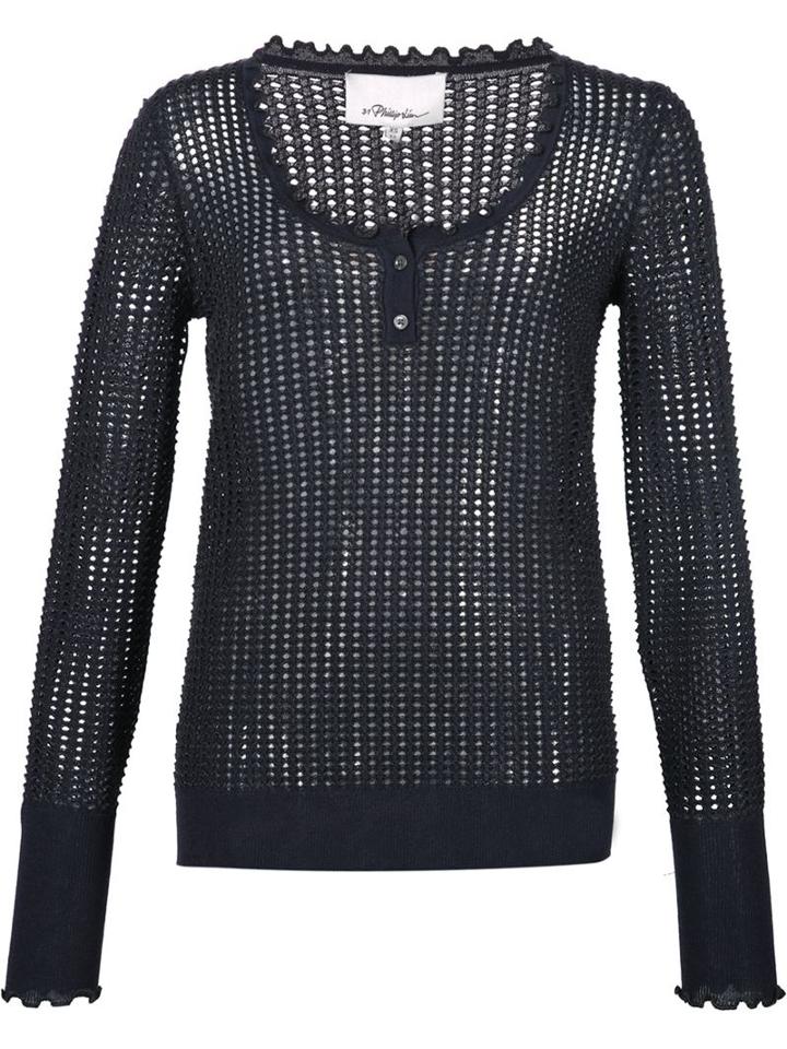 3.1 Phillip Lim Open Knit Henley Top, Women's, Size: Small, Black, Polyester/wool