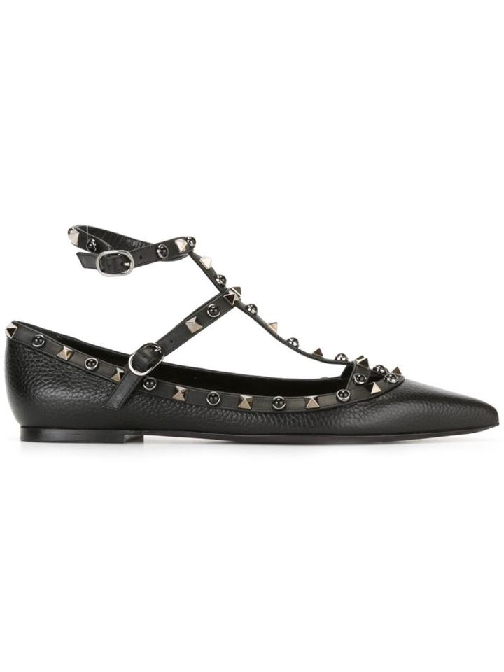 Valentino Rockstud Rolling Ballerinas, Women's, Size: 38, Black, Calf Leather/leather/metal Other