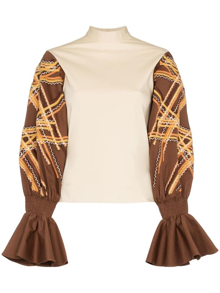 All Things Mochi Ava Embroidered Sleeve Cotton Blend Shirt - Nude &
