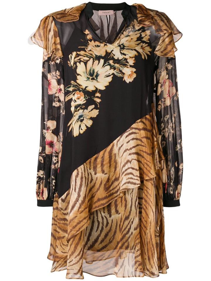 Twin-set Mixed Print Dress - Brown