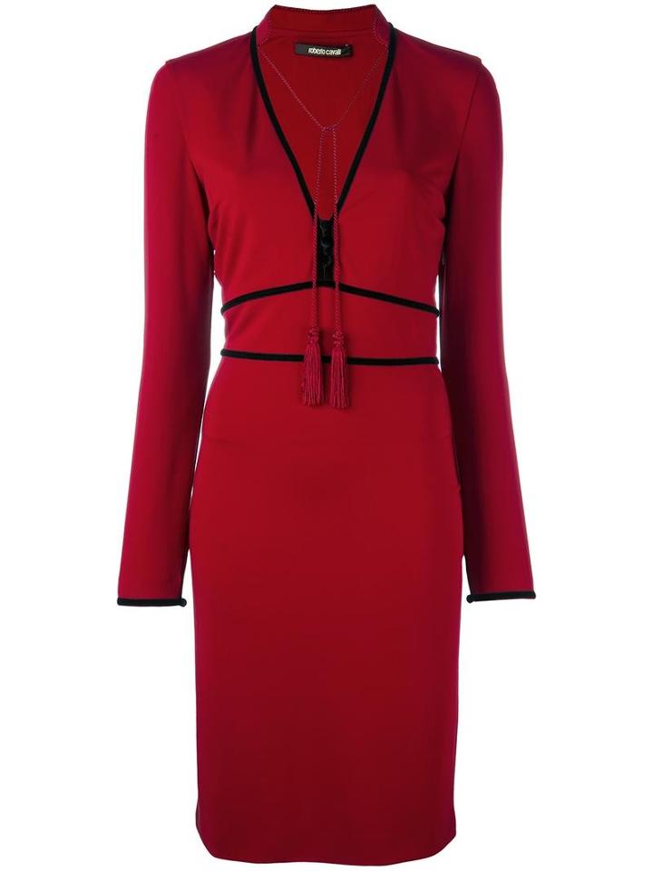 Roberto Cavalli Tassel Neck Fitted Dress, Women's, Size: 42, Red, Viscose/spandex/elastane