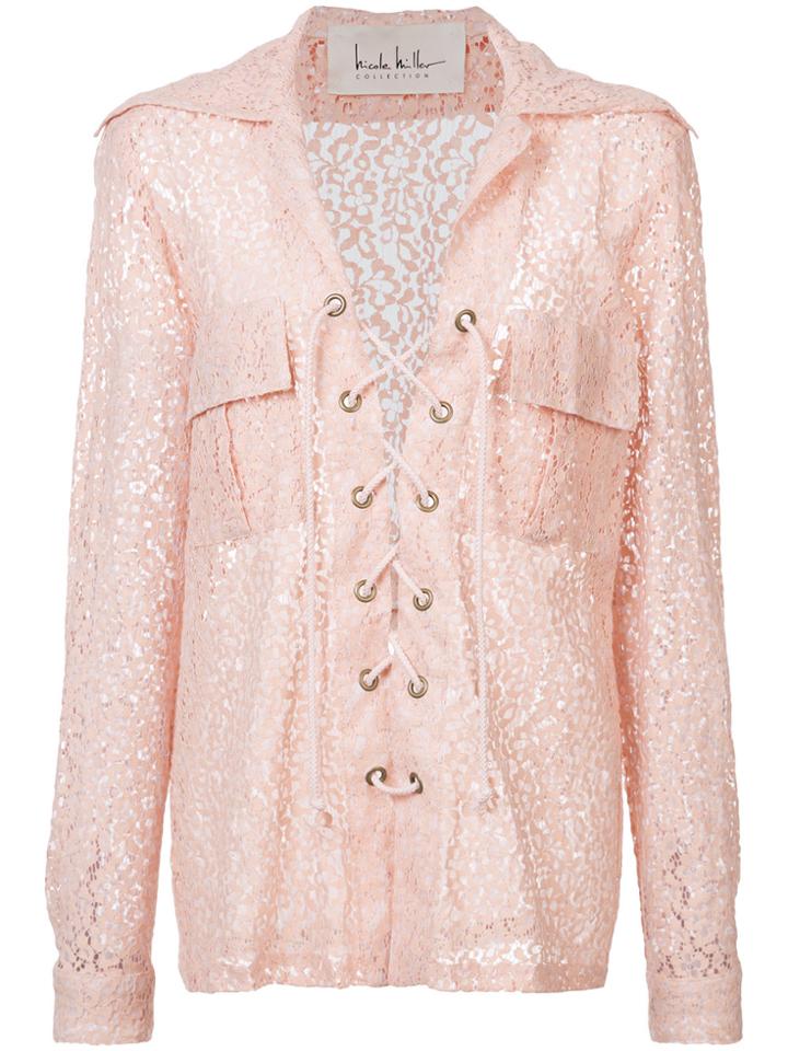 Nicole Miller Lace-up Lace Shirt - Pink & Purple