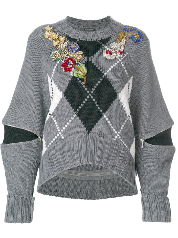 Alexander Mcqueen Zip Sleeve Argyle Sweater - Grey