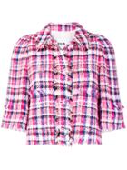 Msgm Fringe-trim Check Tweed Jacket - Pink & Purple