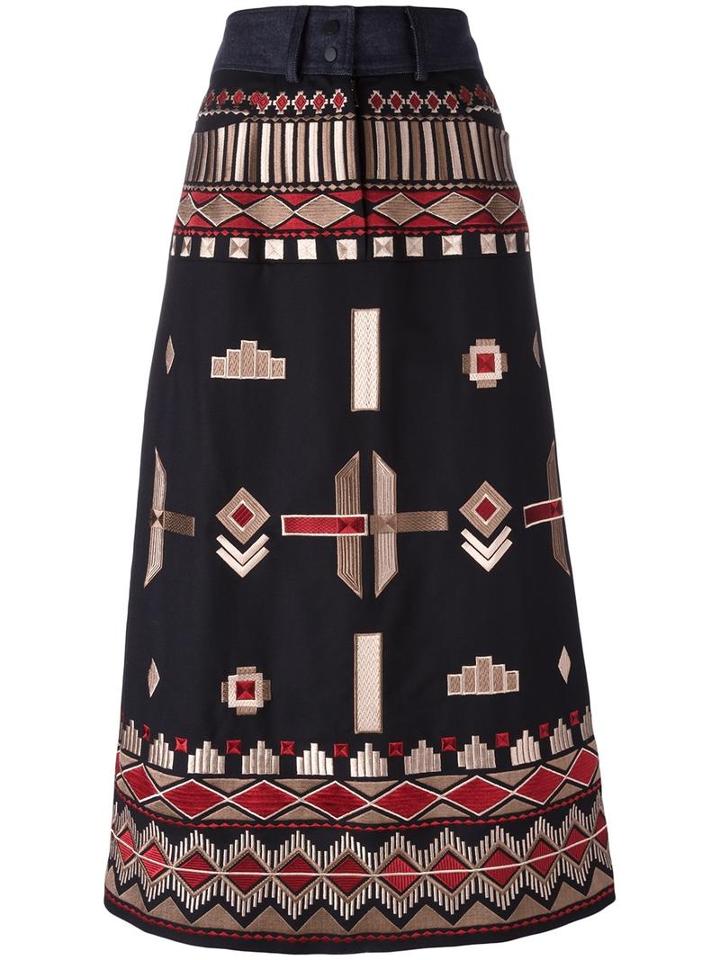 Vilshenko Ethnic Embroidery Mid Skirt, Women's, Size: 8, Black, Silk/wool
